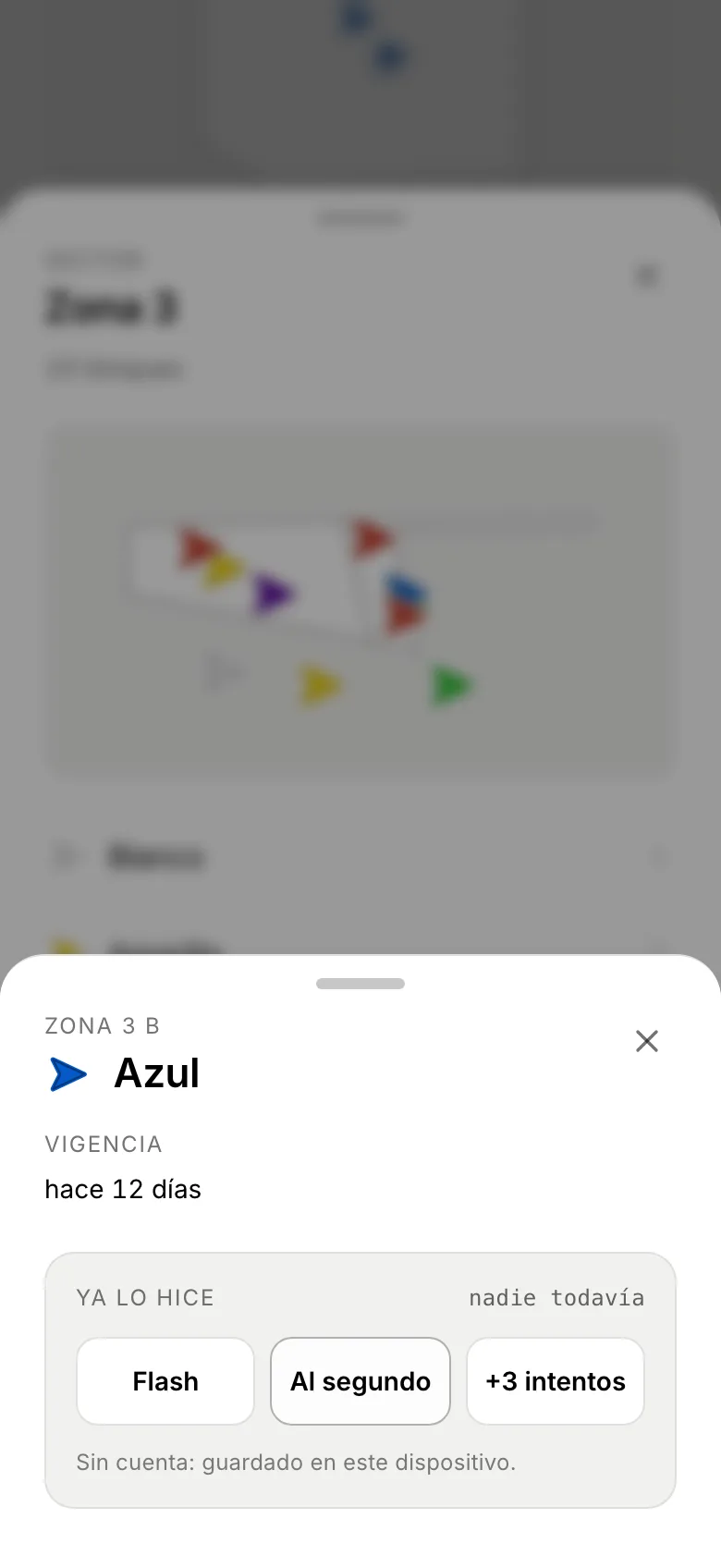 La ficha de un bloque en la app del gym, con los botones Flash, Al segundo y +3 intentos